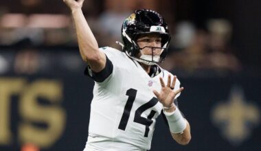 Aug 15, 2026; New Orleans, Louisiana, USA; Jacksonville Jaguars quarterback Nick Mullens (14) throws against the New Orleans Saints during the first quarter at Caesars Superdome. Mandatory Credit: Matthew Hinton-Imagn Images