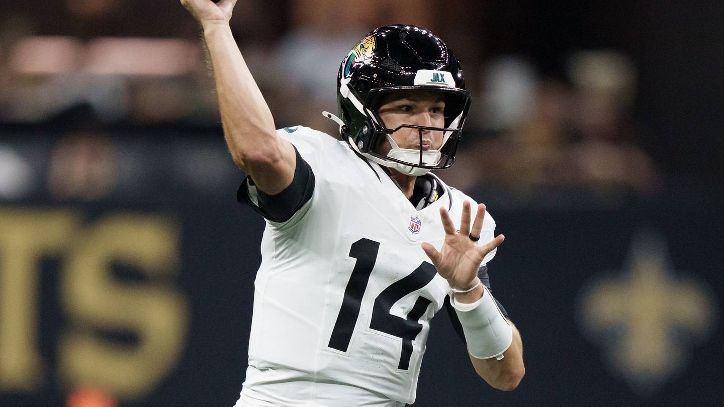 Aug 15, 2026; New Orleans, Louisiana, USA; Jacksonville Jaguars quarterback Nick Mullens (14) throws against the New Orleans Saints during the first quarter at Caesars Superdome. Mandatory Credit: Matthew Hinton-Imagn Images