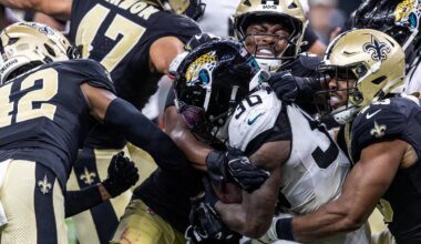 Aug 15, 2026; New Orleans, Louisiana, USA;  Jacksonville Jaguars running back J'mari Taylor (30) is tackled by New Orleans Saints cornerback Mike Reid (42) during the second half at Caesars Superdome. Mandatory Credit: Stephen Lew-Imagn Images