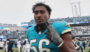 Jan 4, 2026; Jacksonville, Florida, USA; Jacksonville Jaguars linebacker Yasir Abdullah (56) reacts as he walks off the field after the game against the Tennessee Titans at EverBank Stadium.
