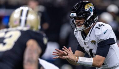 Aug 15, 2026; New Orleans, Louisiana, USA;  Jacksonville Jaguars quarterback Nick Mullens (14) calls for the ball against New Orleans Saints during the first half at Caesars Superdome.