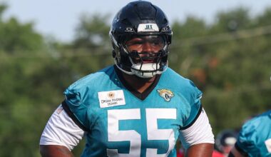 Jul 23, 2025; Jacksonville, FL, USA; Jacksonville Jaguars guard Chuma Edoga (55) participates in training camp at Miller Electric Center. Mandatory Credit: Nathan Ray Seebeck-Imagn Images