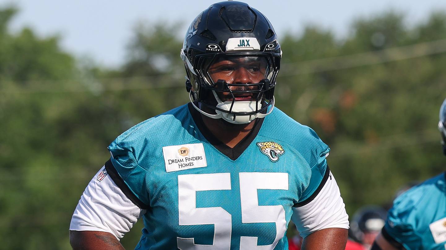 Jul 23, 2025; Jacksonville, FL, USA; Jacksonville Jaguars guard Chuma Edoga (55) participates in training camp at Miller Electric Center. Mandatory Credit: Nathan Ray Seebeck-Imagn Images