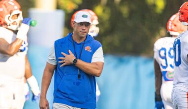 Florida 2026-2027 head coach Jon Sumrall watches drills during Florida football practice at Heavener Football Complex in Gainesville, FL on Tuesday, August 18, 2026. [Alan Youngblood/Gainesville Sun]