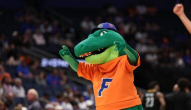 Mar 20, 2026; Tampa, FL, USA; Florida Gators mascot Albert reacts in the second half against the Prairie View A&M Panthers during a first round game of the men's 2026 NCAA Tournament at Benchmark International Arena. Mandatory Credit: Matt Pendleton-Imagn Images