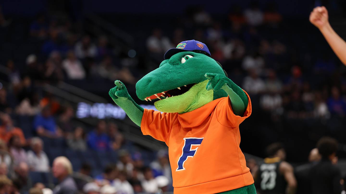 Mar 20, 2026; Tampa, FL, USA; Florida Gators mascot Albert reacts in the second half against the Prairie View A&M Panthers during a first round game of the men's 2026 NCAA Tournament at Benchmark International Arena. Mandatory Credit: Matt Pendleton-Imagn Images