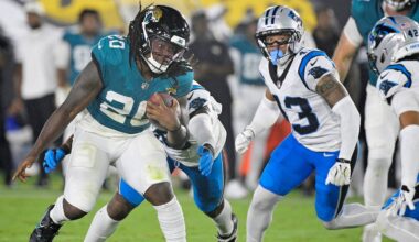 Aug 21, 2026; Jacksonville, Florida, USA;  Jacksonville Jaguars running back DeeJay Dallas (20) runs the ball during the third quarter of the preseason game against the Carolina Panthers at EverBank Stadium.  Mandatory Credit: Melina Myers-Imagn Images
