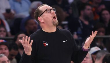 Philadelphia 76ers head coach Nick Nurse reacts to a call against the New York Knicks during game five of the second round of the 2026 NBA Playoffs at Madison Square Garden.
