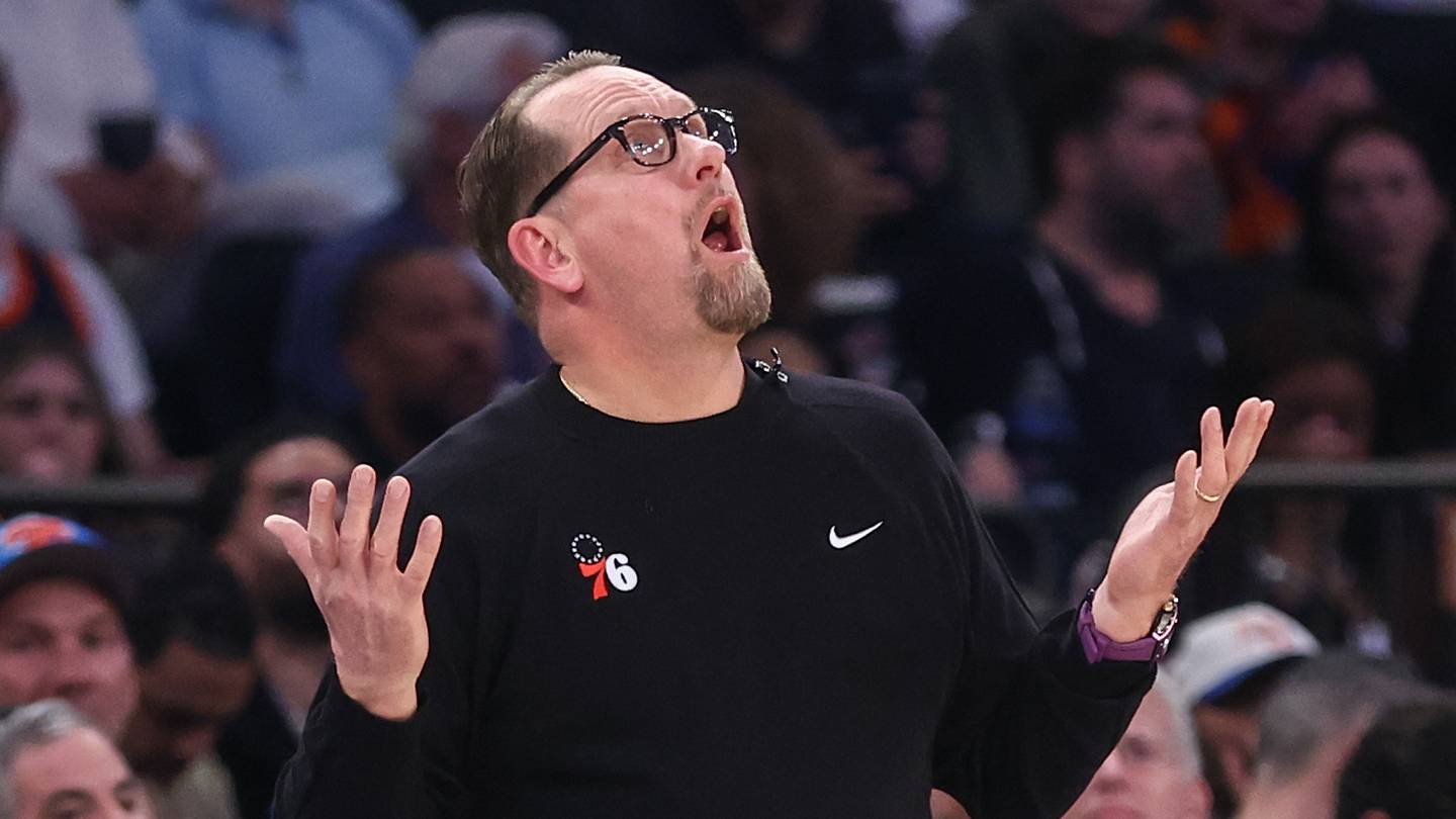 Philadelphia 76ers head coach Nick Nurse reacts to a call against the New York Knicks during game five of the second round of the 2026 NBA Playoffs at Madison Square Garden.