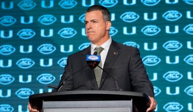 Jul 24, 2024; Charlotte, NC, USA;  Miami Hurricanes head coach Mario Cristobal speaks to the media during the ACC Kickoff at Hilton Charlotte Uptown. Mandatory Credit: Jim Dedmon-USA TODAY Sports