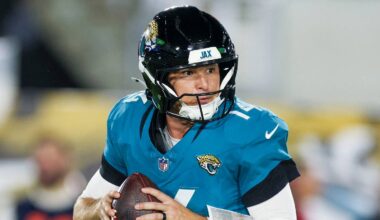 Aug 28, 2026; Jacksonville, Florida, USA; Jacksonville Jaguars quarterback Nick Mullens (14) drops back to pass against the Tampa Bay Buccaneers in the first quarter during preseason at EverBank Stadium. Mandatory Credit: Nathan Ray Seebeck-Imagn Images