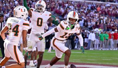 Dec 20, 2025; College Station, TX, USA; Miami Hurricanes defensive back Ethan O'Connor (24) and defensive back Keionte Scott (0) and defensive back Bryce Fitzgerald (13) celebrate after Fitzgerald intercepts a Texas A&M Aggies pass in the end zone during the game between the Aggies and the Hurricanes at Kyle Field. Mandatory Credit: Jerome Miron-Imagn Images