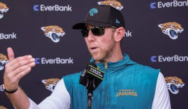 Jacksonville Jaguars head coach Liam Coen talks with the media after a joint practice with the Carolina Panthers on the 16th session of NFL training camp at the Miller Electric Center on Wednesday, Aug. 19, 2026, in Jacksonville, Fla. [Doug Engle/Florida Times-Union]