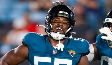 Aug 28, 2026; Jacksonville, Florida, USA; Jacksonville Jaguars defensive end Bryan Thomas Jr. (57) reacts with tight end Hunter Long (84) and defensive tackle Jalen Hunt (96) after a sack against the Tampa Bay Buccaneers in the third quarter during preseason at EverBank Stadium.