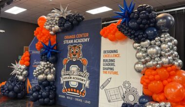 A new sign, balloons and the tiger mascot greet students in the cafeteria at the new Orange Center STEAM Academy. (Spectrum News/Keith Landry)