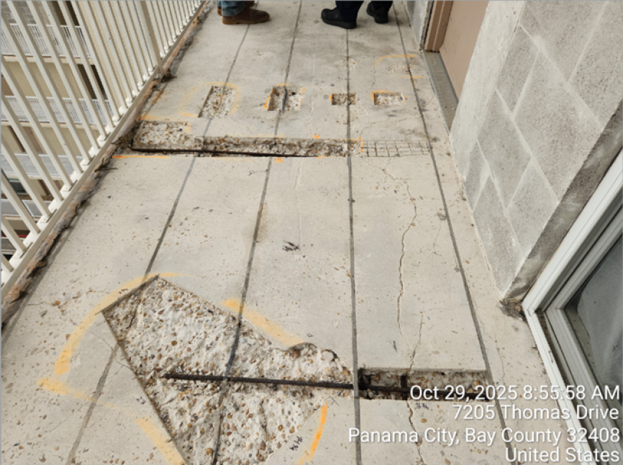 Condo damages. Here how a Bay County official described it: "There was work done to this building about 20 years ago that involved the saw-cutting of the concrete and installation of an anode system in an attempt to curb the corrosion of the reinforcing steel from the effects of the saltwater environment (photo below). During our inspections, it was observed that this installation may have compromised some areas of existing reinforcement. In the below photo, the long lines in the surface are the cuts where the anode wires were installed and then filled with epoxy."