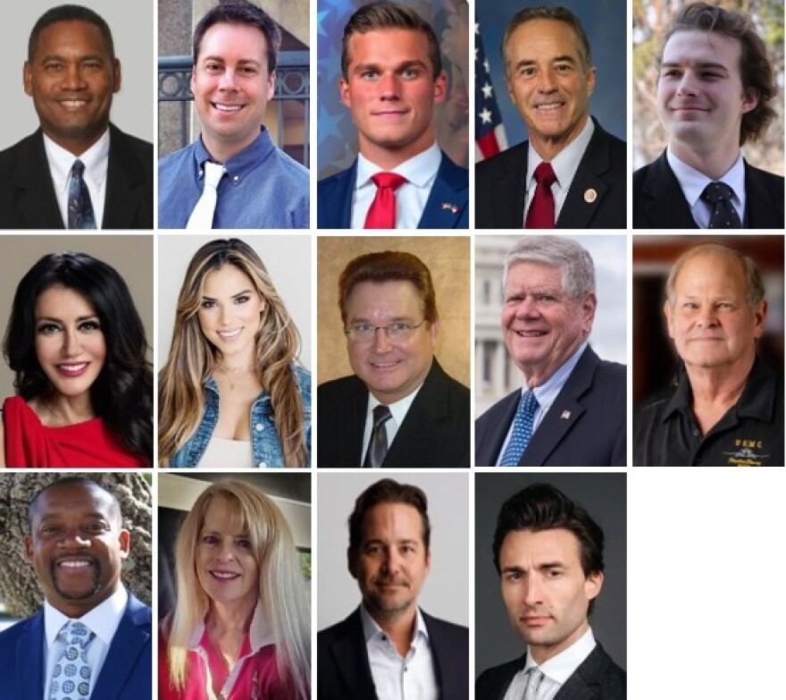 Candidates for the United States Representative District 19 seat, from left, clockwise, Victor Arias (D), Greg Bukowski (R), Madison Cawthorn (R), Chris Collins (R), Seth Haskin (NPA), Ola Hawatmeh (R), Catalina Lauf (R), Robert Neeld (D), Jim Oberweis (R), Mike Pederson (R), Howard Sapp (D), Linda Sawyer (R), Jim Schwartzel (D), John Strand (R), (Not pictured), Alexandra Zakhvatayev (Write-in).