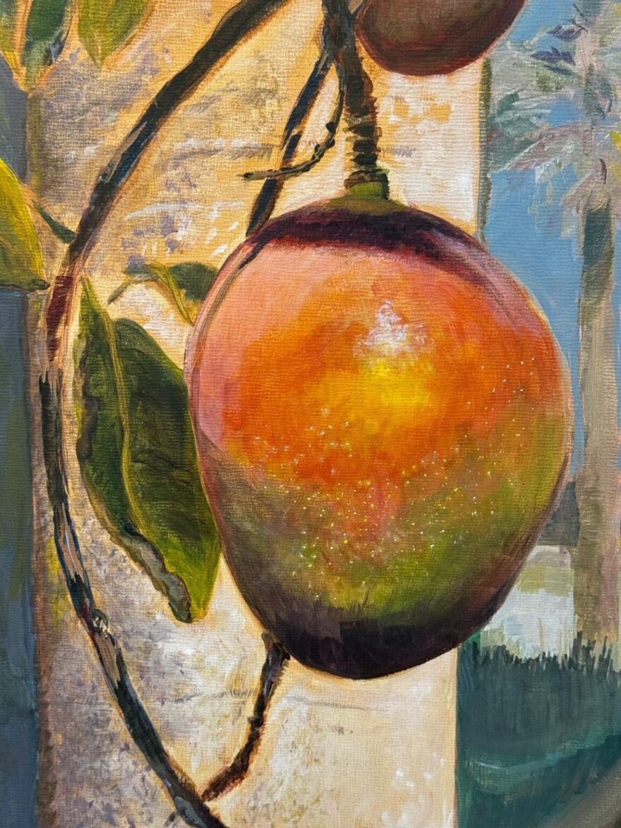 “In Stillness Fruit,” acrylic on wood panel, reflects the childhood memory that inspired “When We Come to Paint.” For Kit Pancoast Nagamura, the scent of mangoes is the first thing she notices whenever she returns to The Kampong. (Photo courtesy of the artist)