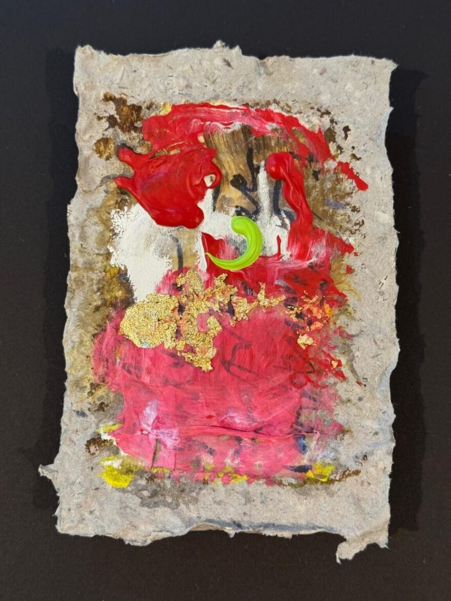 Part of Kit Pancoast Nagamura’s “Afterworks” series, this mixed-media work is created on recycled Sarasota Herald-Tribune newsprint using acrylic, handmade Japanese washi paper, ink and natural and collage elements.