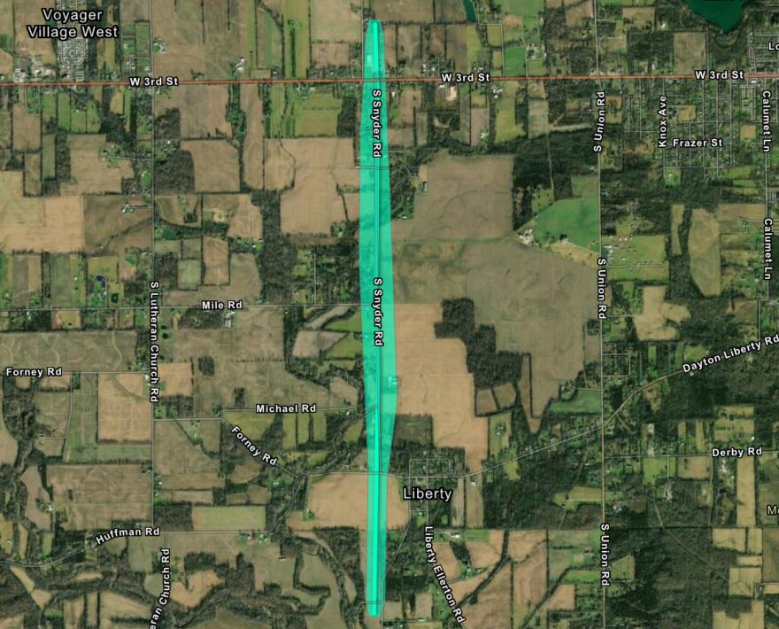 A closeup map of the tornado's path along Snyder Road east of New Lebanon.