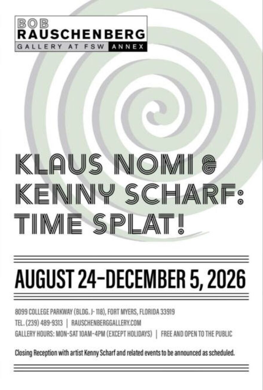Bob Rauschenberg Gallery graphic for 'Klaus Nomi & Kenny Scharf: Time SPLAT!' exhibit.