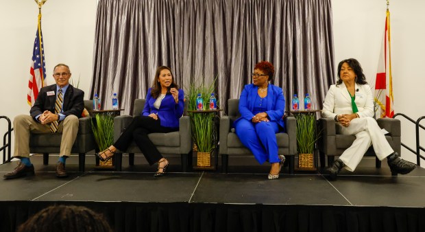 Orange County mayoral candidates, from left, Chris Messina, Stephanie Murphy, Tiffany Moore Russell and Mayra Uribe participate in a debate hosted by the Tiger Bay Club of Central Florida on Friday, July 31, 2026, at the Orlando Regional Realtor Association headquarters in Orlando. (Rich Pope/Orlando Sentinel)