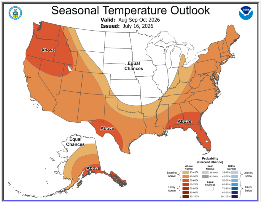 NOAA predicts above-average heat in Florida and parts of Georgia and Alabama from August to October.