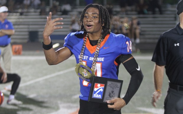 West Orange defensive back Deandre Meredith was awarded the KSA defensive player of the game honors after his game-winning interception with 19 seconds left sealed the Warriors' 28-24 victory over Archbishop Hoban of Akron, Ohio, in the season opener, August 20, 2026. (Chris Hays/Orlando Sentinel)
