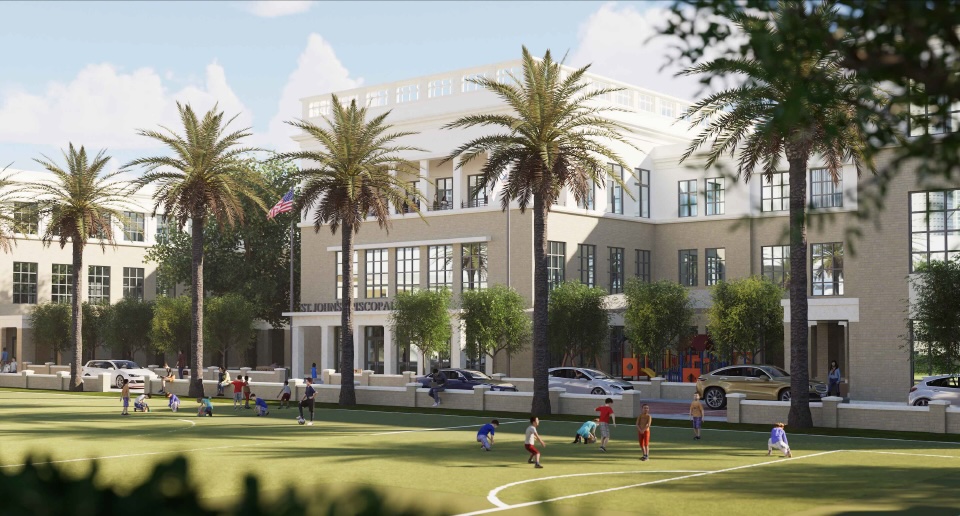 Rendering of the planned St. John’s Episcopal Day School expansion in Hyde Park showing the new school building, campus spaces and student areas.