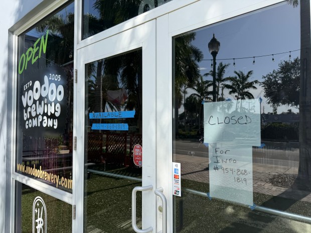 Voodoo Brewing Co. in Oakland Park has permanently closed according to signs on its door. (Phillip Valys / South Florida Sun Sentinel)