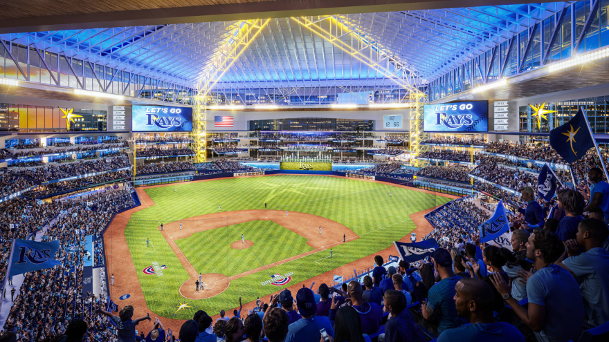 Renderings of the new ballpark and redeveloped Tropicana Field site in St. Petersburg.
