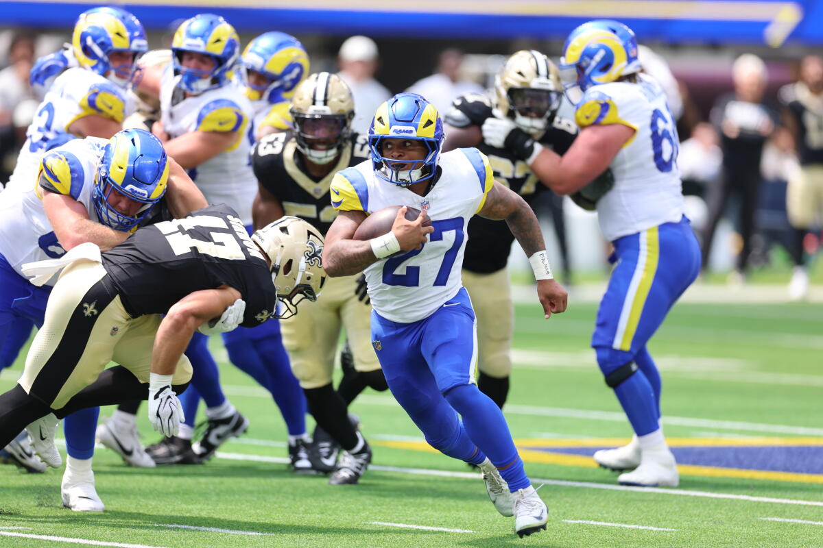Rams running back Jarquez Hunter carries the ball during a preseason win over the New Orleans Saints.