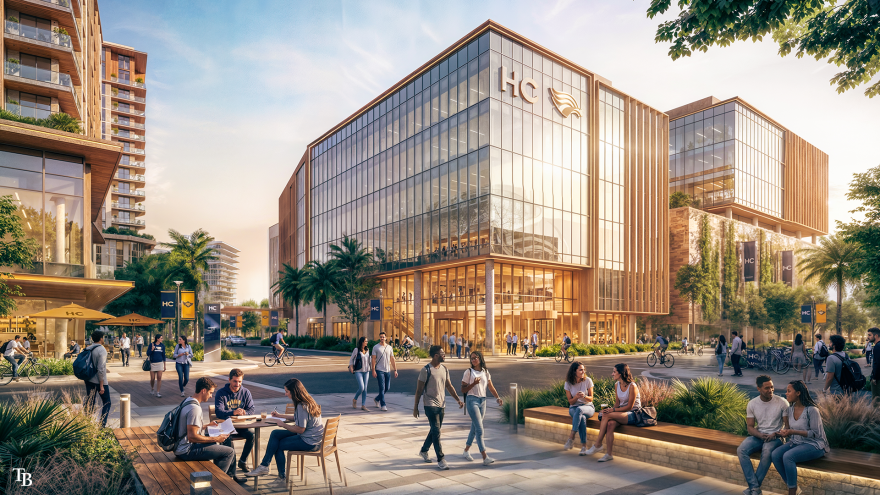 A rendering shows a glass building with HC on the front and college students walking around in front