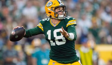 Aug 28, 2026; Green Bay, Wisconsin, USA; Green Bay Packers quarterback Kyle McCord (18) throws a pass during the first quarter against the Arizona Cardinals at Lambeau Field.