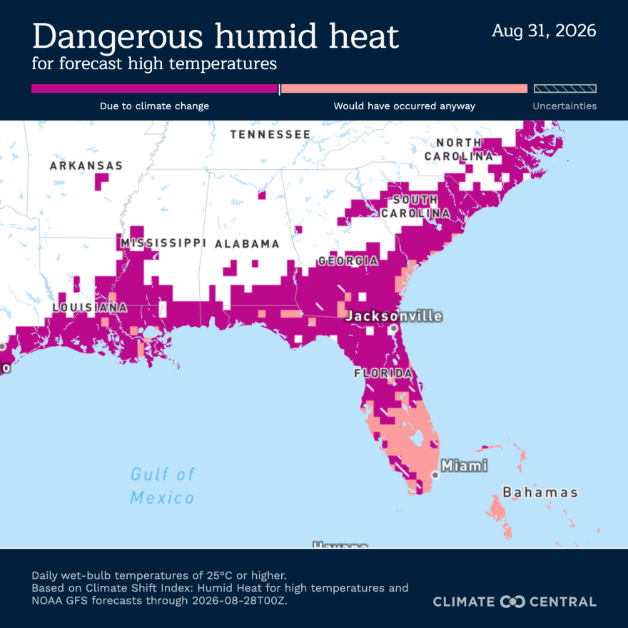 Map of the U.S. showing dangerous humid heat through purple which is due to climate change and peach which would've occured anyway. 