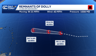 Remnants of Tropical Storm Dolly continue moving west across the Atlantic