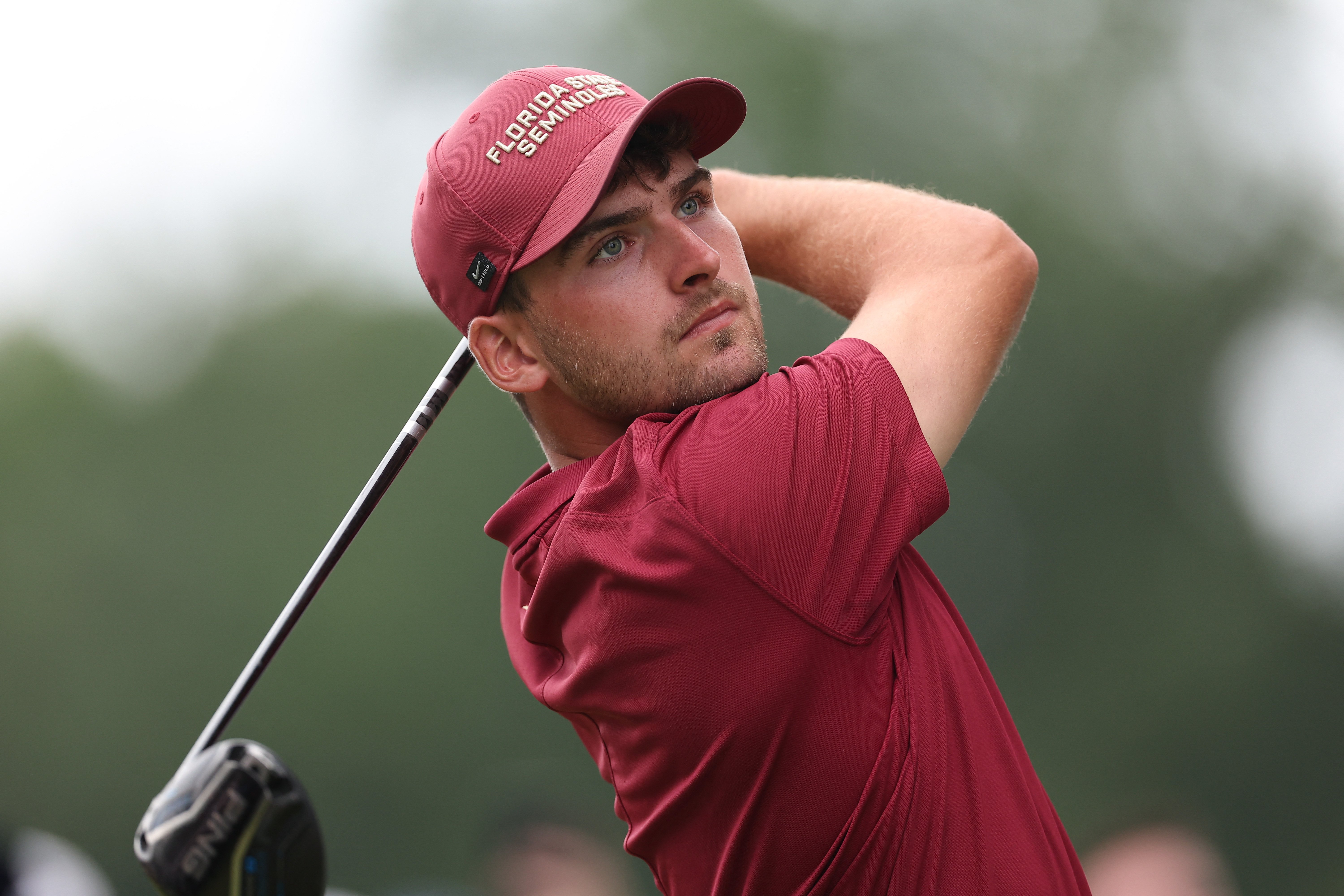 Florida State's Jack Whaley plays a tee shot on the second hole during the finals of the US Amateur Championship golf tournament at Merion Golf Club. (Bill Streicher-Imagn Images)