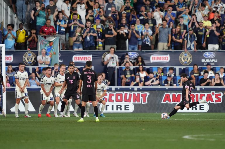 Messi takes a free kick against the Philadelphia Union in the first half at Subaru Park