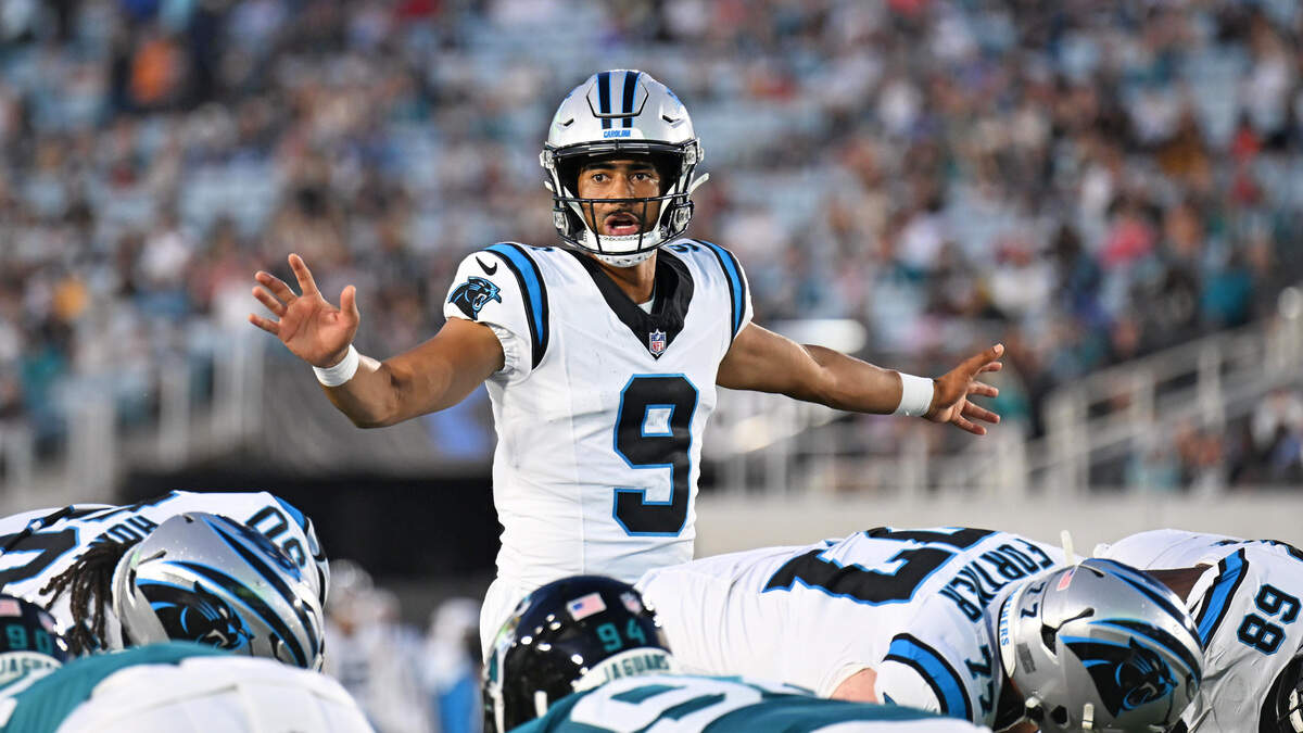 Carolina Panthers quarterback Bryce Young (9) calls an audible during the first quarter of the preseason game against the Jacksonville Jaguars at EverBank Stadium in Jacksonville, Fla., on Friday, Aug. 21, 2026. Carolina Panthers quarterback Bryce Young (9) calls an audible during the first quarter of the preseason game against the Jacksonville Jaguars at EverBank Stadium in Jacksonville, Fla., on Friday, Aug. 21, 2026.