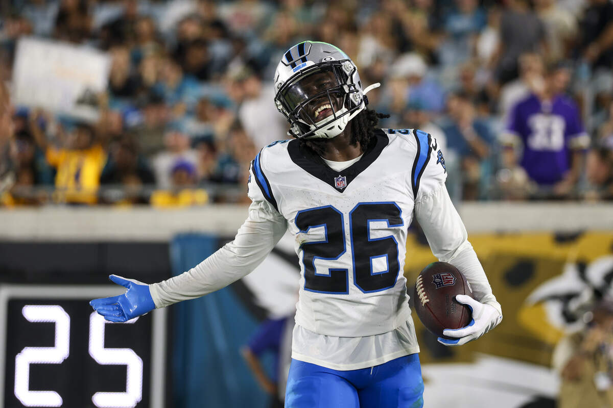 Carolina Panthers cornerback Chau Smith-Wade (26) reacts after a turnover against the Jacksonville Jaguars in the second quarter during a preseason game at EverBank Stadium in Jacksonville, Fla., on Friday, Aug. 21, 2026.