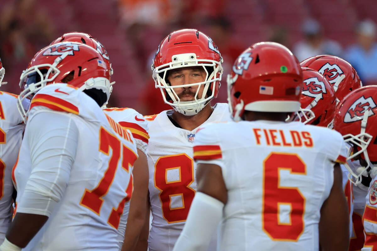 Kansas City Chiefs tight end Travis Kelce gets ready for a preseason NFL game against the Tampa Bay Buccaneers at Raymond James Stadium in Tampa on Saturday, Aug. 22, 2026.