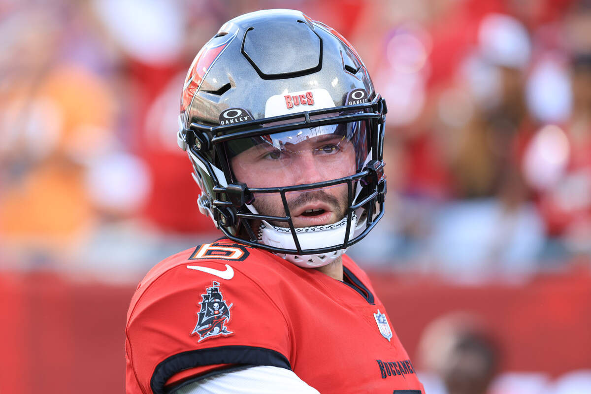 Tampa Bay Buccaneers quarterback Baker Mayfield looks on prior to the game against the Kansas City Chiefs at Raymond James Stadium in Tampa on Saturday, Aug. 22, 2026.