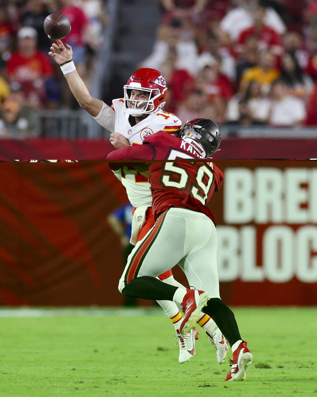 Tampa Bay Buccaneers linebacker Mohamed Kamara (59) pressures Kansas City Chiefs quarterback Garrett Nussmeier (14) during a preseason NFL game at Raymond James Stadium in Tampa on Saturday, Aug. 22, 2026.