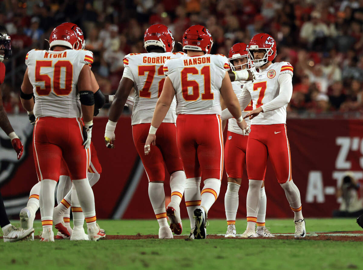 Kansas City Chiefs placekicker Harrison Butker (7) celebrates after making a field goal against the Tampa Bay Buccaneers during a preseason NFL game at Raymond James Stadium in Tampa on Saturday, Aug. 22, 2026.