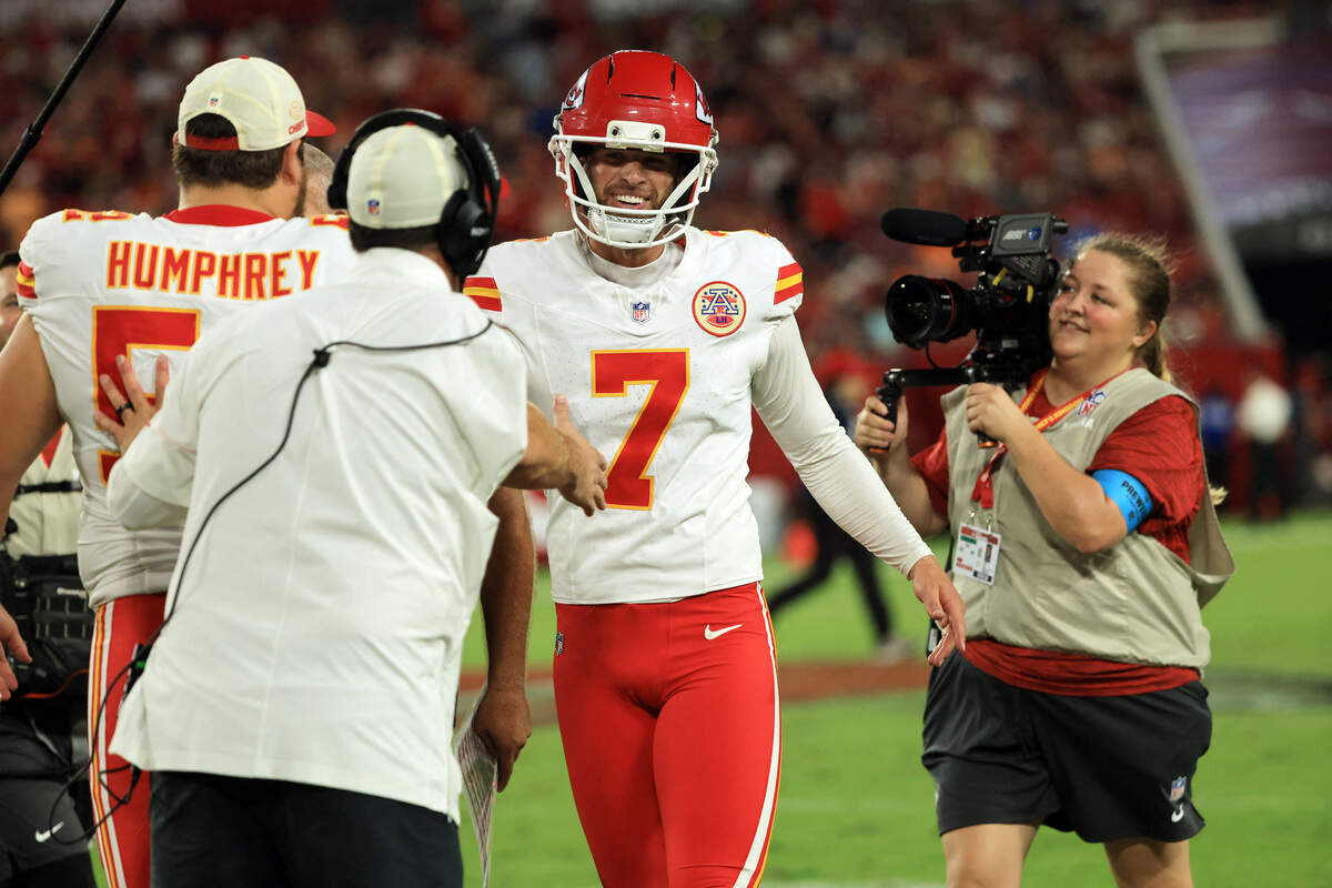 Kansas City Chiefs placekicker Harrison Butker (7) celebrates after making a field goal against the Tampa Bay Buccaneers during a preseason NFL game at Raymond James Stadium in Tampa on Saturday, Aug. 22, 2026.