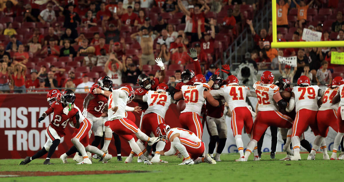 Kansas City Chiefs place kicker Harrison Butker (7) misses a field goal against the Tampa Bay Buccaneers during a preseason NFL game at Raymond James Stadium in Tampa on Saturday, Aug. 22, 2026.