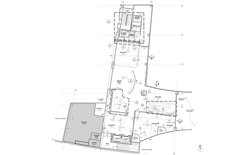 The site plan shows the layout for The Club JAX, which will be located on an elevated mezzanine just past airport security, accessible via two elevators or stairs. The site plan shows the layout for The Club JAX, which will be located on an elevated mezzanine just past airport security, accessible via two elevators or stairs.