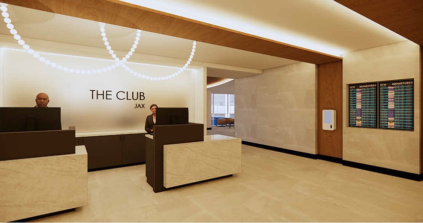 The welcome area of The Club JAX, shown in this rendering, which will be developed and managed by Airport Dimensions, part of London-based Collinson Group. The welcome area of The Club JAX, shown in this rendering, which will be developed and managed by Airport Dimensions, part of London-based Collinson Group.