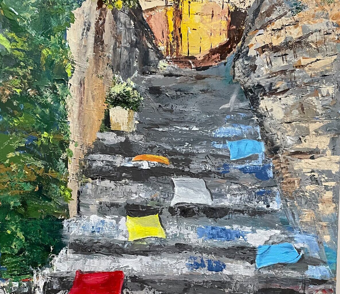 Paintings by Midge Scelzo take viewers on a walk through the textures and colors of old Europe.