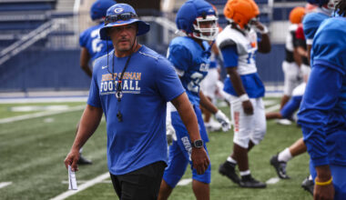 Bishop Gorman head coach Brent Browner leads football practice at Bishop Gorman High School on ...